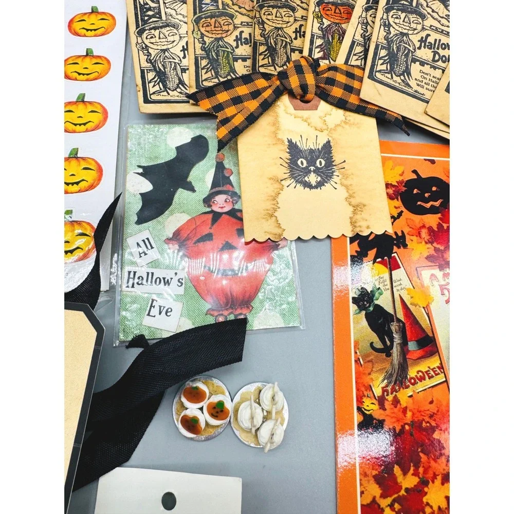 Vintage Halloween Ephemera Craft Lot Orange Black Stickers Tags Washi Tape